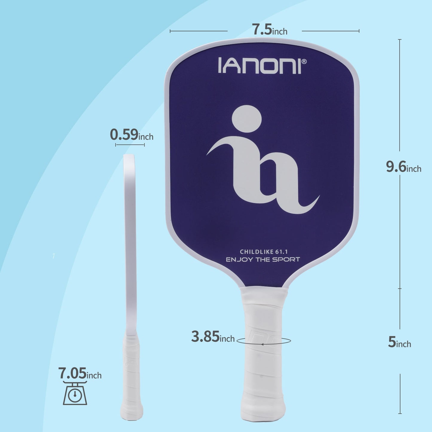 IANONI  Pickleball Paddle for Kids – Child Size Paddle for Children 12 and Under, Fiberglass Surface & Polypropylene Honeycomb Polymer Core | Premium Grip